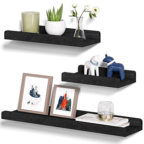 Black Floating Shelves Wall Mounted Set of 3, 23.6 Inch Rustic - Product Imagery