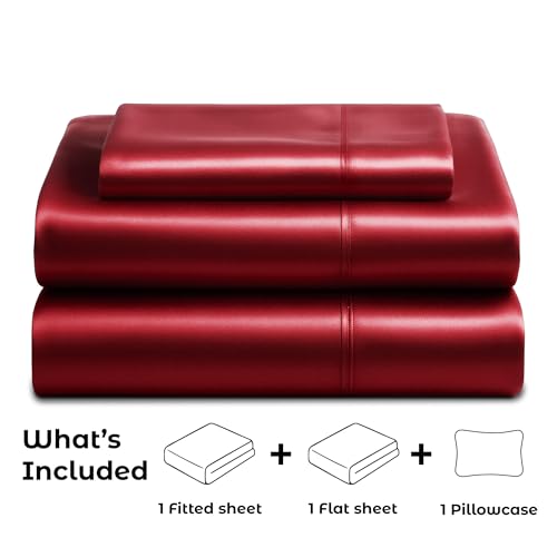 Satin Sheets Twin [3-Piece, Burgundy] Hotel Luxury Silky Bed - Product Imagery