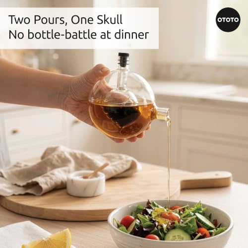 OTOTO 2-in-1 Glass Oil and Vinegar Cruet - Skull Oil Dispenser - Product Imagery
