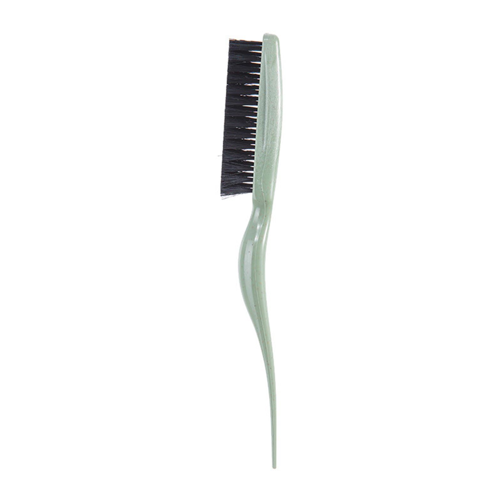 YUGSHNKFC teasing hair brush with green nylon bristles and tail handle for styling and detangling hair.