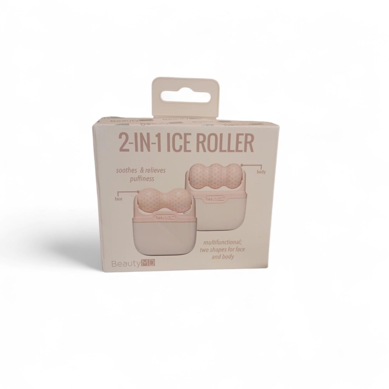 BeautyMD 2-in-1 Ice Roller face and body massager with porcelain rose finish, designed for soothing skin and reducing puffiness.