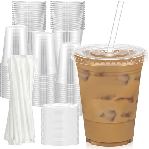 Dealusy 100 Pack - 16 oz Clear Plastic Cups with Lids and Straws - Product Imagery
