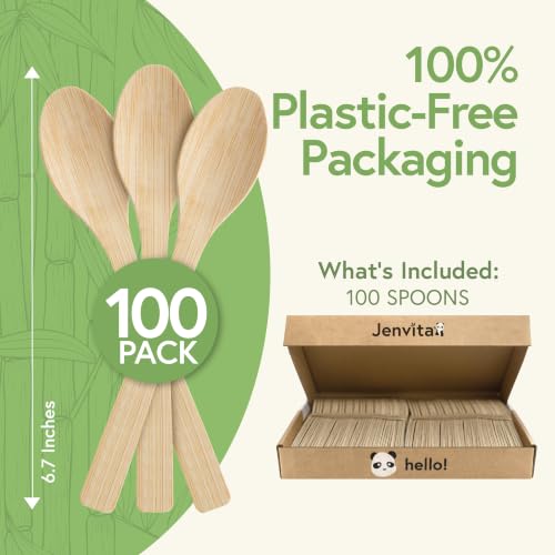 100% Bamboo Spoons, 100 Pack, Compostable Cutlery - Product Imagery