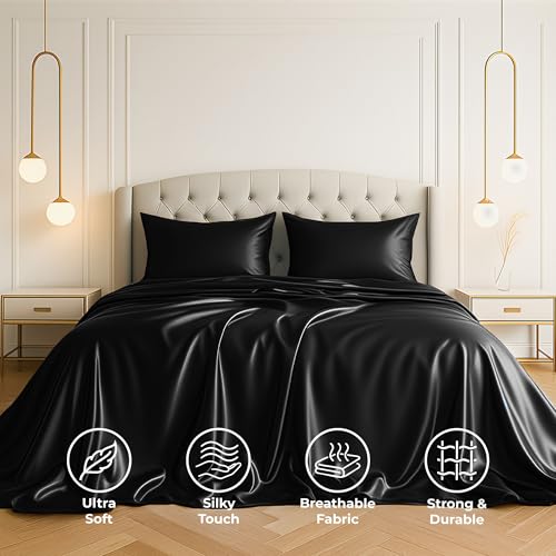 Satin Sheets Twin [3-Piece, Black] Hotel Luxury Silky Bed Sheets - Product Imagery