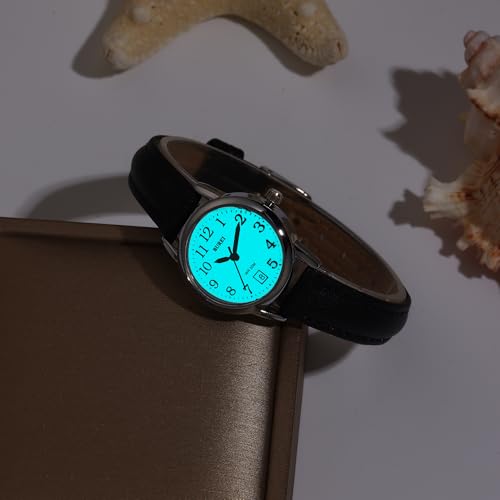 BUREI Women's Black Fashion Leather Strap Watch, Simple Luminous - Product Imagery