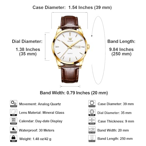 Men's Casual Leather Watch, Easy to Read Three-Hand Analog - Product Imagery