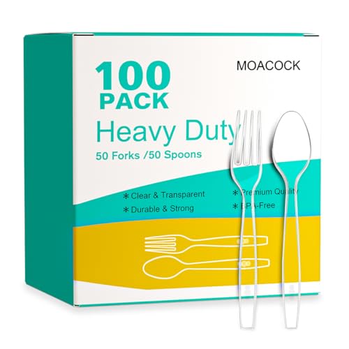 MOACOCK 100 Count Exact Heavy Weight Plastic Forks and Spoons - Product Imagery