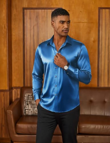 COOFANDY Mens Silk Satin Dress Shirts Long Sleeve Shiny Button - Product Imagery