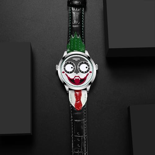 NIBOSI Men's Analog Watch, Green Red Leather Strap, Clown Dial - Product Imagery