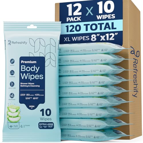 120 XL Shower Wipes Body Wipes for Adults Bathing No Rinse - REFRESHIFY Official Imagery - 1