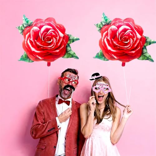 2 Pcs Red Rose Balloons, 31 Inch Realistic 3D Rose Flower - Product Imagery