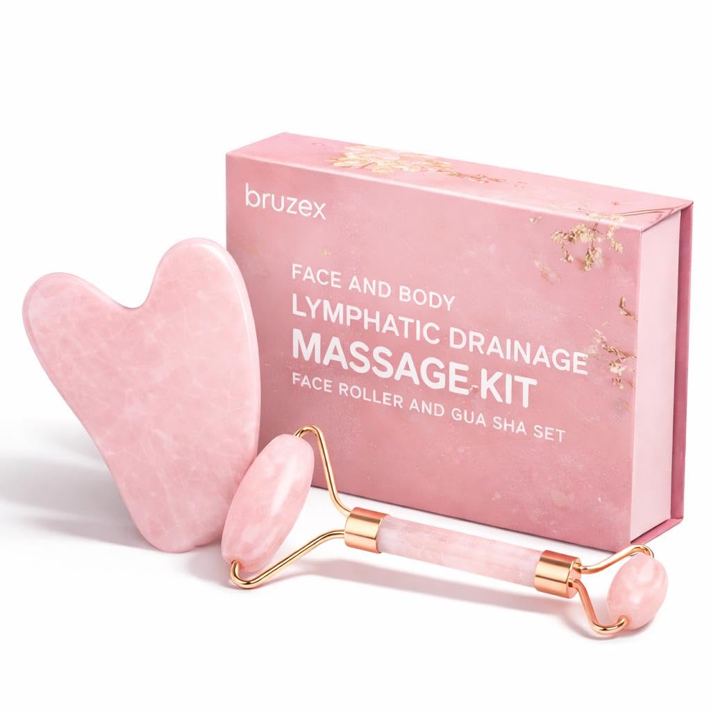 Bruizex Lymphatic Drainage Face Massager Set: Rose Quartz Face Roller & Gua Sha Facial Tool for Lymphatic Massage, Muscle Tension Relief, Skin Care, for Lymphatic Massage Oil, Serum & Face Cream