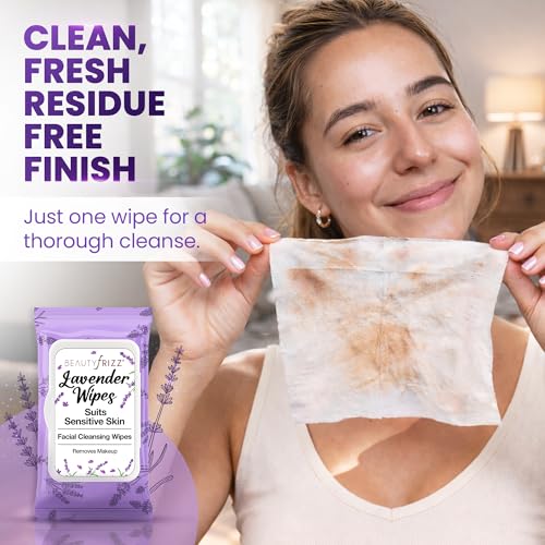 BeautyFrizz Lavender Face Wipes - No Rinse Makeup Remover - - Product Imagery