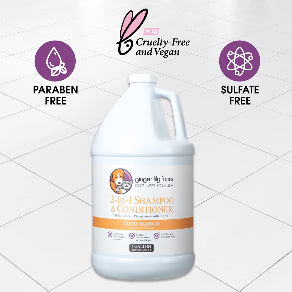 Ginger Lily Farms 2-in-1 dog and pet shampoo and conditioner bottle, 128 fl oz, with natural ingredients and gentle formula.