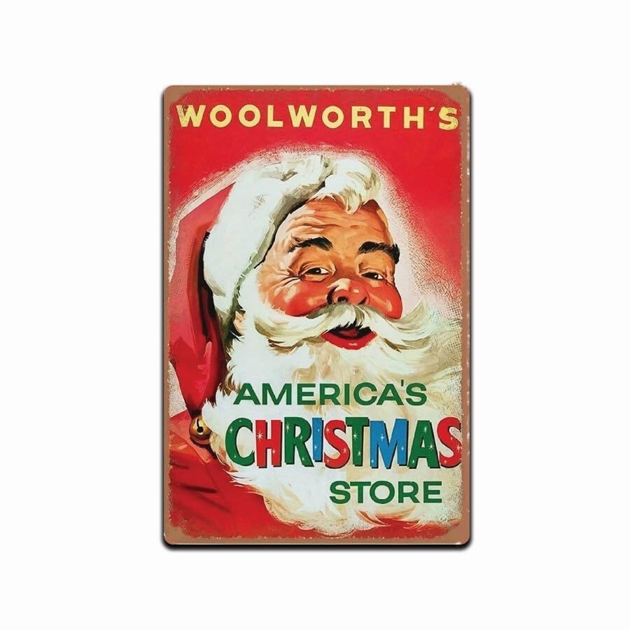 SANTA CLAUS TIN SIGN 1950 VINTAGE REPLICA WOOLWORTHS CHRISTMAS - Product Imagery