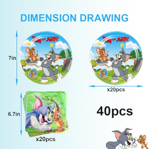 40Pcs Tom and Jerrys Party Supplies 20 plates, 20 napkins for - Product Imagery