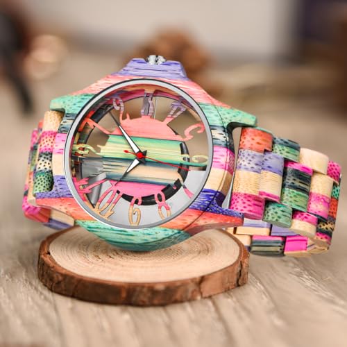 Wooden Watches for Men Handmade Colorful Bamboo Engraved Wood - Product Imagery