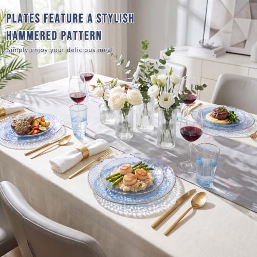 60Pcs Clear Blue Plastic Plates, Hammered Blue Plates, Clear - Product Imagery