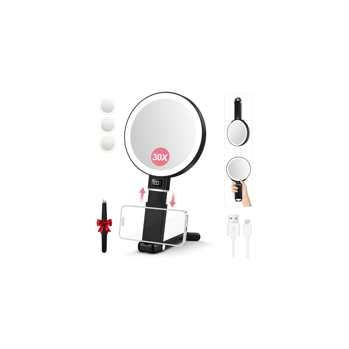 30X Travel Magnifying Mirror with Light Height Adjustable - MOMOKUBA Official Imagery - 2