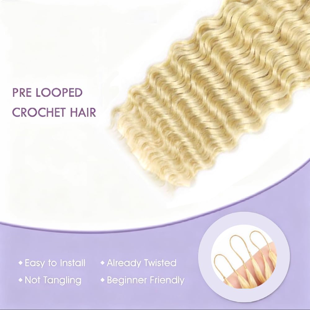 #613 Honey Blonde Deep Wave Crochet Human Hair 28 Inch Unprocessed Brazilian Virgin Hair 50 Grams Blonde Deep Wave Human Crochet Hair Extensions