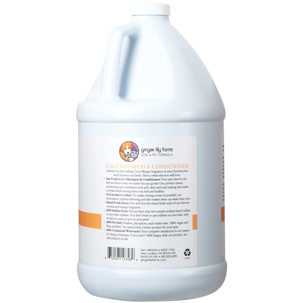 Ginger Lily Farms Dog & Pet 2-in-1 Shampoo and Conditioner bottle, 128 fl oz, with natural pet grooming formula.