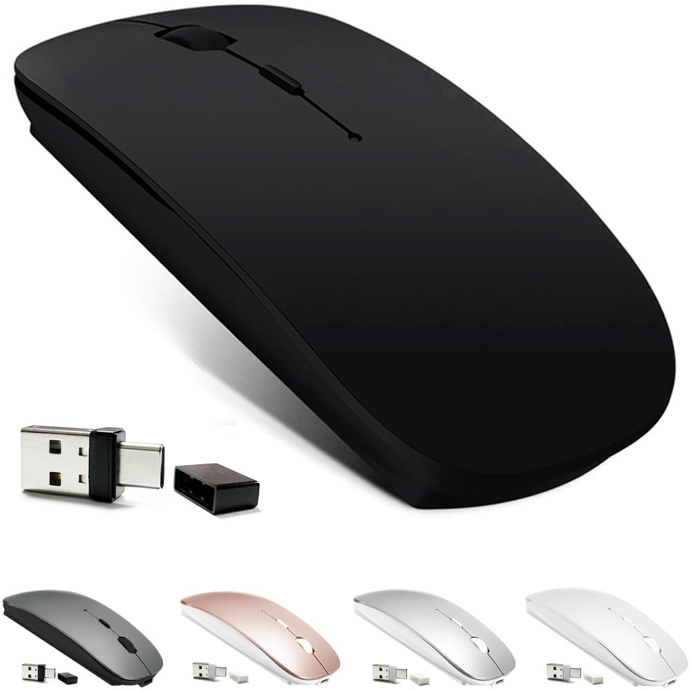 Black KLO rechargeable Bluetooth wireless mouse compatible with MacBook, iPad, Chromebook, and PC, featuring USB-C and 2.4G connectivity.