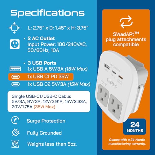 Ceptics 35W Universal Travel Adapter Kit – 2 USA sockets, USB-A, - Product Imagery