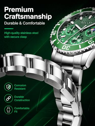 Green Men's Chronograph Watch, Dress Classic Analog Moon Phase - Product Imagery