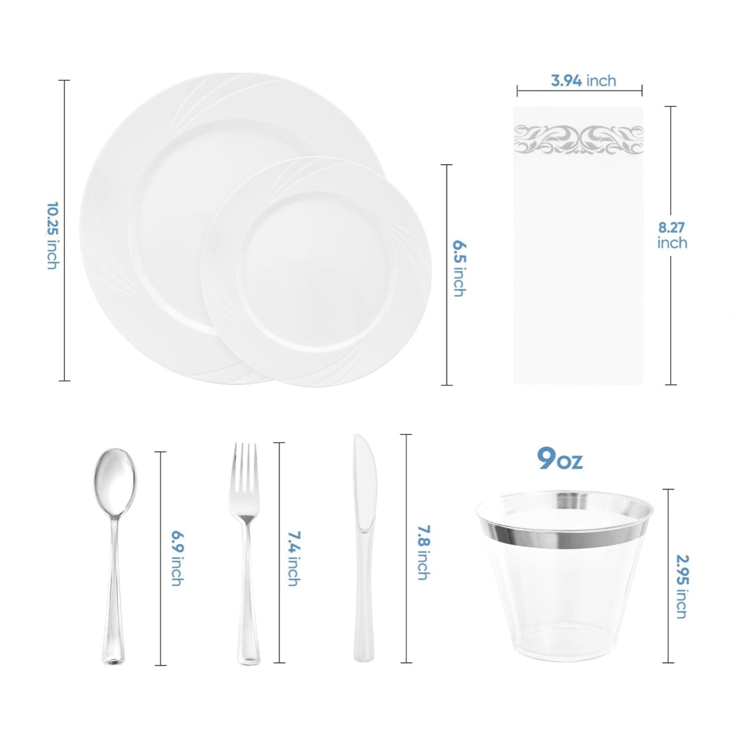VajilaPhil 700-piece white swirl plastic dinnerware set for 100 guests, includes plates, bowls, and utensils for elegant disposable use