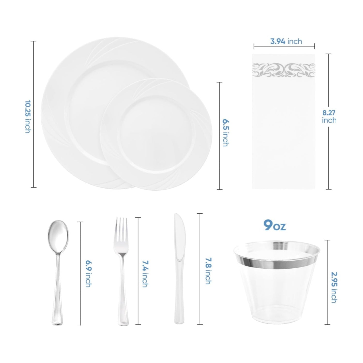 White swirls plastic dinnerware set by VajilaPhil with 350 pieces, including dinner plates for 50 guests, durable and elegant for parties
