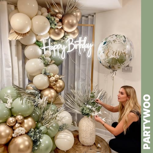 PartyWoo Sage Green Balloons 66pcs 12 Inch Gold White Brown Gold - Product Imagery
