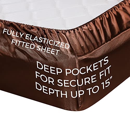 Satin Sheets Full [4-Piece, Brown] Hotel Luxury Silky Bed Sheets - Product Imagery
