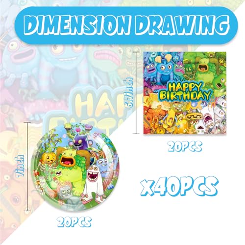 40pcs Singing Monsters Party Supplies include 20 plates, 20 - Product Imagery
