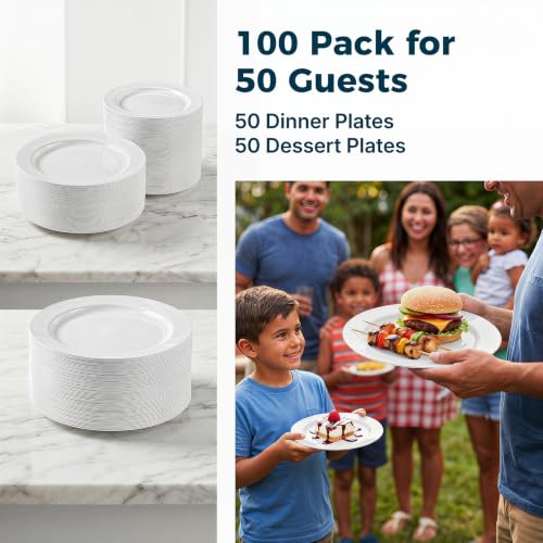 TENYASEN White Plastic Plates, 100 Pack, Heavy Duty Disposable - Product Imagery