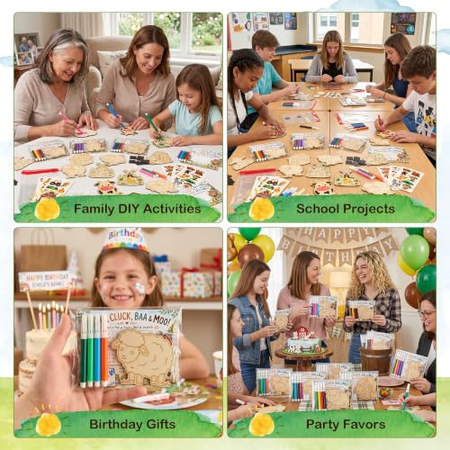 24 Pcs Farm Animal Party Favors, DIY Wooden Painting Crafts Kit - Product Imagery