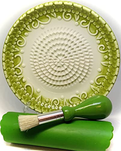 Premium Ceramic Garlic Grater Plate Set - Green Embossed - Product Imagery
