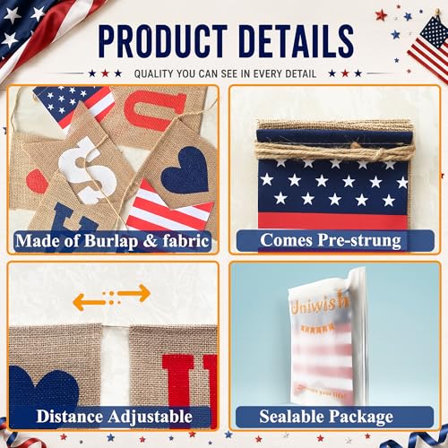 Uniwish USA Banner Burlap Bunting 4th of July Decorations - Product Imagery