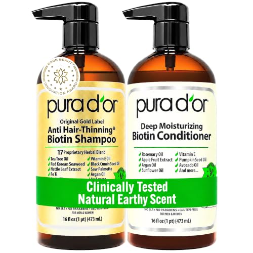 PURA D'OR Gold Label Anti-Thinning Biotin Shampoo & Conditioner, 16oz x2 – Artificial Color Free, Formaldehyde Free, Par