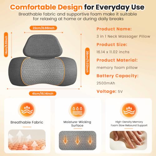 3-in-1 Rechargeable Neck Massager Pillow,Heated Traction Pillow - Product Imagery