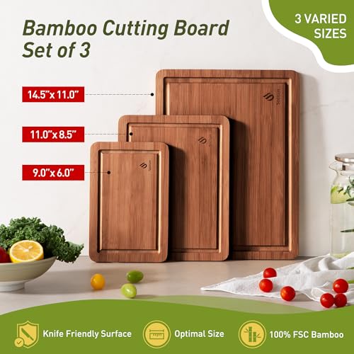 3 Packs Bamboo Cutting Board Set with Non Slip Feet and Over - Product Imagery