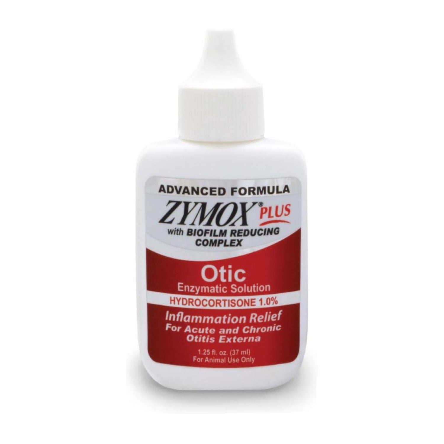Zymox Advanced Formula Otic Plus enzymatic ear solution for dogs and cats, showing the product bottle and packaging.