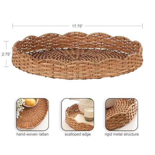 Kate and Laurel Wavley Modern Round Scalloped Woven Rattan Tray, - Product Imagery