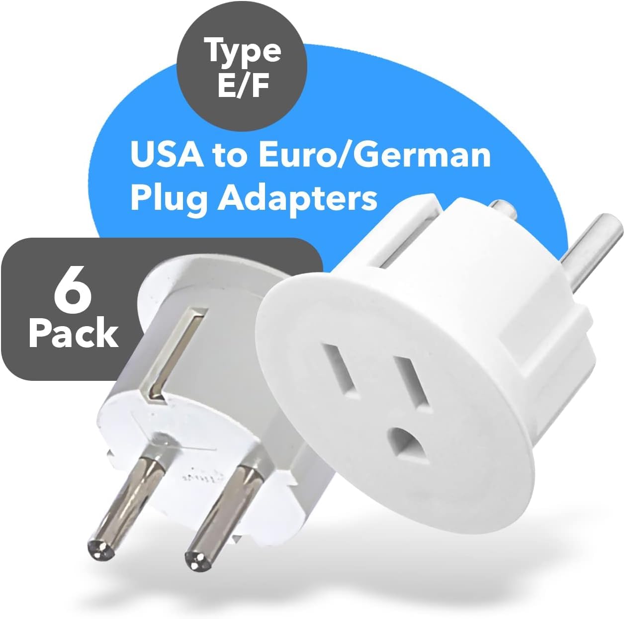 OREI American to European Type E/F Schuko plug adapters, CE certified, ideal for mobile, laptop, and camera chargers in Europe.