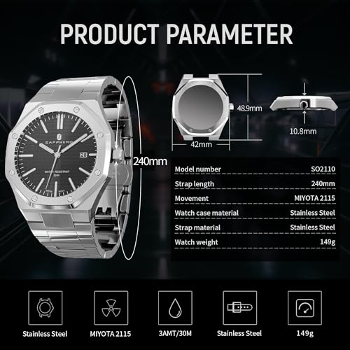 SAPPHERO Men's Watch Octagonal Stainless Steel 50M Waterproof - Product Imagery