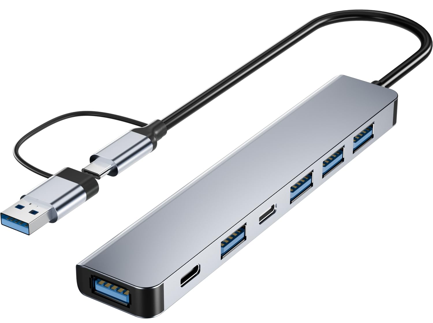 PANPEO 7-in-1 USB C hub with USB 3.0 ports, compatible with MacBook and PC, featuring multiple connectivity options.
