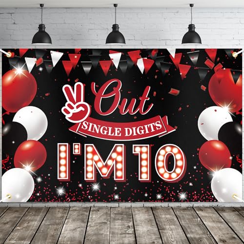 JOYKY Out Single Digits I’m 10 Banner, Red Black Happy 10th - Product Imagery