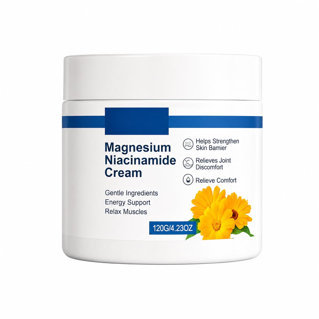 YASERDE Magnesium and Niacinamide Relief Cream 4oz in a white jar, moisturizing skin with soothing ingredients.