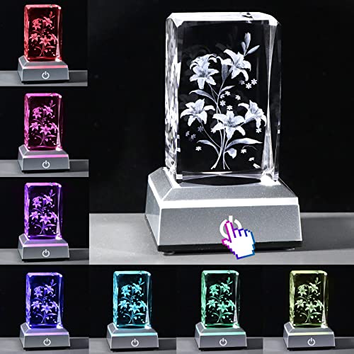 3D Engraving Crystal Cube Lily Flower with Colorful Base, - Product Imagery