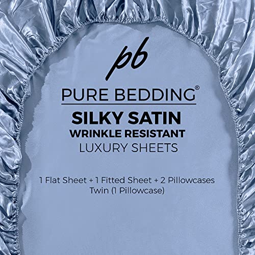 Satin Sheets Twin [3-Piece, Skyblue] Hotel Luxury Silky Bed - Product Imagery