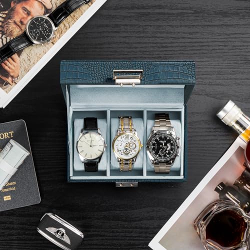 ProCase Watch Box, 3 Slot Mens Watch Display Case, CrocCobaltBlue - Product Imagery